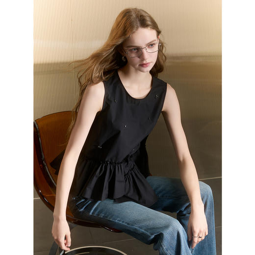 三彩2025夏季新款圆领无袖套头衫上衣设计感不规则宽松小衫M 商品图2