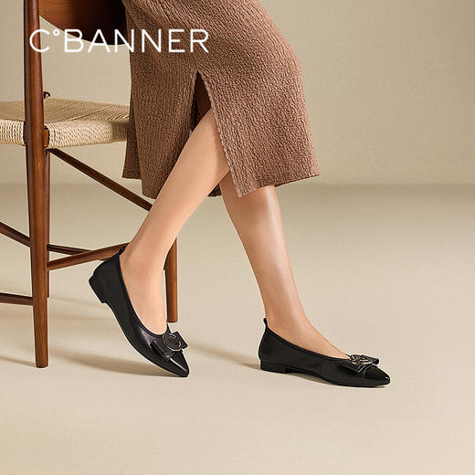 千百度蝴蝶结牛皮平底浅口单鞋女通勤小香风晚晚鞋A25481348 商品图0