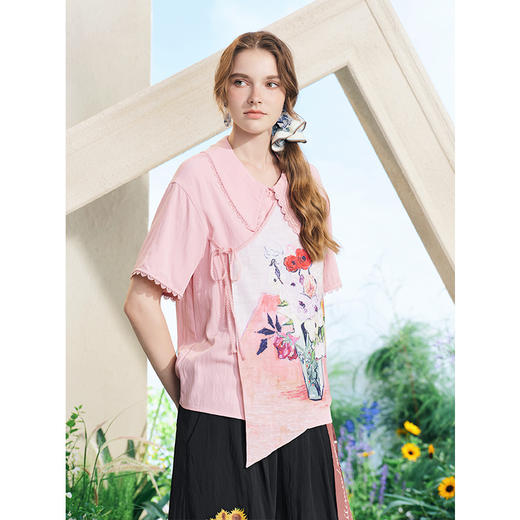 两三事梵高文艺花焰错境2025夏季新款文艺风印花布绑带短袖衬衫女 商品图1