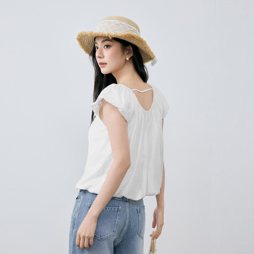 【严选】诗凡黎白色甜美飞飞袖短上衣2025夏设计感抽褶花苞型宽松短袖小衫7G5320261 商品图4