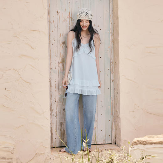 【严选】诗凡黎甜美荷叶边吊带上衣2025夏新款肌理感花边韩系气质内搭叠穿7G6220281 商品图1