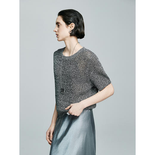 棉仓363635004初棉棉麻混纺镂空短袖针织上衣 商品图1