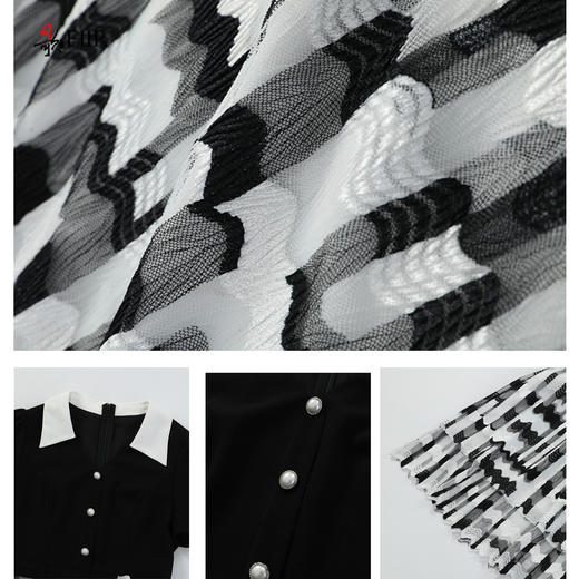 司歌弹力拼接蕾丝短袖翻领连衣裙黑白优雅A911140X 商品图2