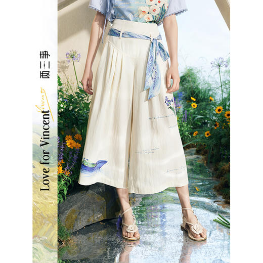 两三事梵高文艺 椰风眠昼 2025夏季新款复古印花绑带阔腿休闲裤女 商品图0