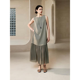 棉仓363616022初棉一字领无袖拼接连衣裙