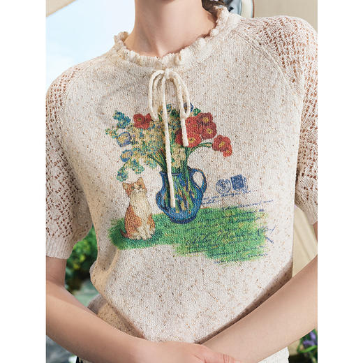 两三事梵高文艺雪霜芳菲2025夏季新款小清新绑带印花镂空针织衫女 商品图3