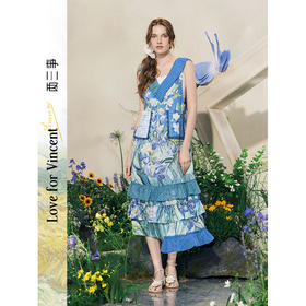 两三事梵高文艺花开若夏2025夏季新款压褶荷叶边印花蛋糕裙连衣裙