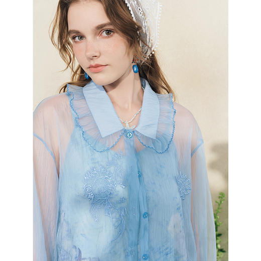 两三事梵高文艺 浮蓝絮光 2025夏季新款小清新绣花透视网纱衬衫女 商品图2