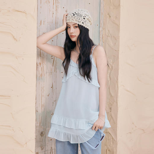 【严选】诗凡黎甜美荷叶边吊带上衣2025夏新款肌理感花边韩系气质内搭叠穿7G6220281 商品图2