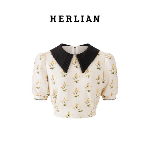 HERLIAN 2025年夏季新品女士复古V领泡泡袖拼色碎花上衣 商品图4