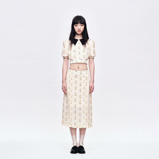 HERLIAN 2025年夏季新品女士复古V领泡泡袖拼色碎花上衣 商品图1