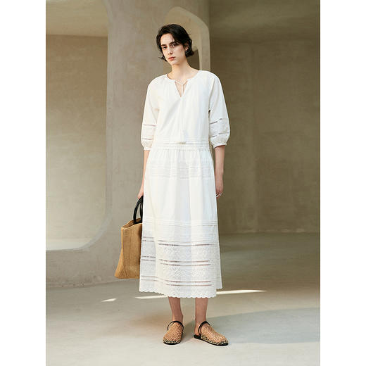 棉仓363616010初棉刺绣蕾丝拼接泡泡袖宽松--度假风长款连衣裙 商品图1