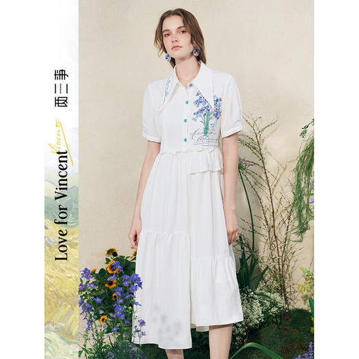 两三事梵高文艺流年如鸢2025夏复古印花刺绣翻领不对称裙摆连衣裙 商品图0