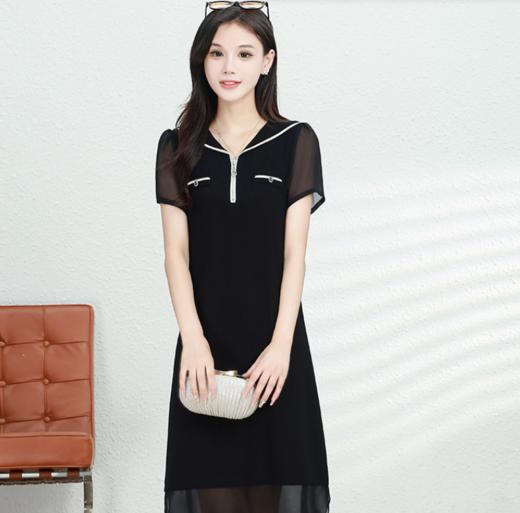 QYM 99H154-Y时尚短袖连衣裙宽松直筒海军领休闲裙 商品图1