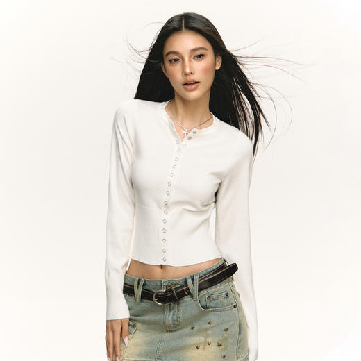 Ariseism 美式复古短款长袖针织衫女春季新款修身内搭打底上衣 商品图2