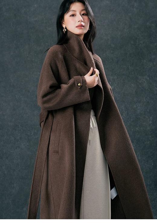 【YW】无忧购立领收腰系带毛呢外套长款绵羊毛双面呢8801水晶扣（截单后3-5天发货） 商品图4