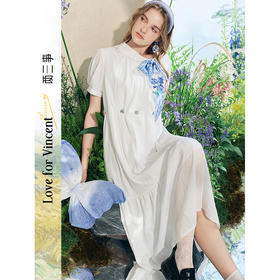 两三事梵高文艺 海风茶信 2025夏季新款可拆领带泡泡袖a字连衣裙