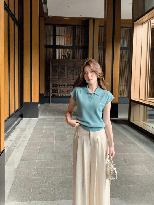 ✨【韩国东大门爆款】夏日炸街神器！  🇮🇹〖老钱风翻领针织衫+奶油白显瘦阔腿裤〗 商品图6