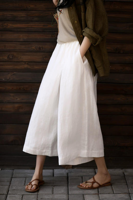 ✨【亚麻天丝凉感阔腿九分裙裤】，甄选汉麻斜纹布料，手感蓬松韧劲有质感，看着是裙子，其实是裤子，安全感爆棚， 巨显瘦！ 商品图10