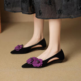 【预售5天】法式优雅花朵镂空浅口单鞋，真皮尖头透气凉鞋通勤低跟瓢鞋新YCJX&HC-7952
