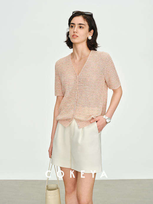 幻彩羽鳞衫康宝莱亚麻珠片宽松V领短袖针织衫 商品图9