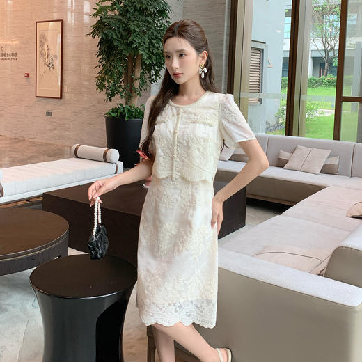 奢姿大码女装2025夏季气质蕾丝提花假两件连衣裙胖妹妹小香风裙子9952853119 商品图1