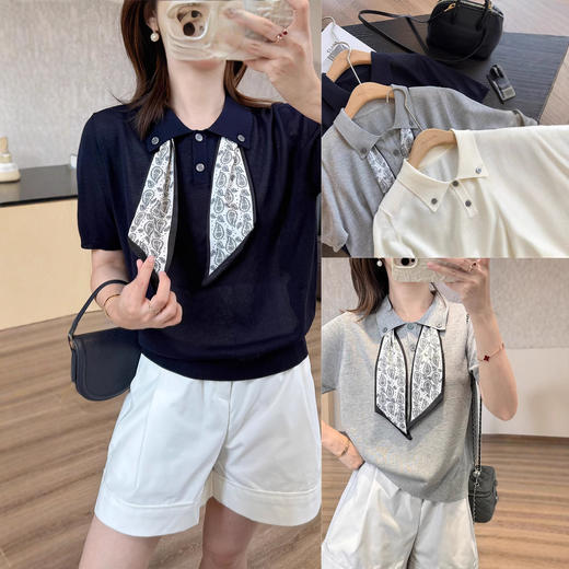 纽扣翻领丝巾针织T！2025凉爽宽松polo衫薄针织短袖气质上衣！ 商品图0