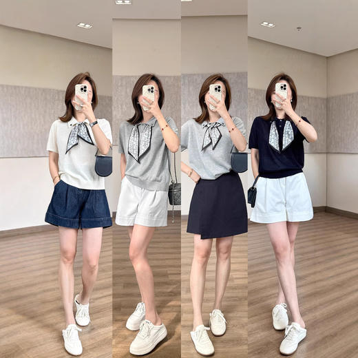 纽扣翻领丝巾针织T！2025凉爽宽松polo衫薄针织短袖气质上衣！ 商品图4