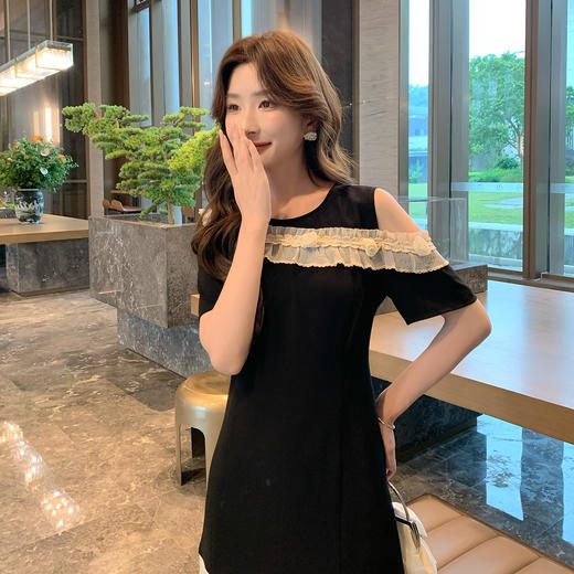 奢姿大码女装2025夏季减龄花边拼接设计连衣裙胖妹妹时尚露肩裙子9952890448 商品图1
