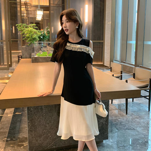 奢姿大码女装2025夏季减龄花边拼接设计连衣裙胖妹妹时尚露肩裙子9952890448 商品图4