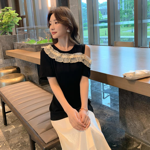 奢姿大码女装2025夏季减龄花边拼接设计连衣裙胖妹妹时尚露肩裙子9952890448 商品图2