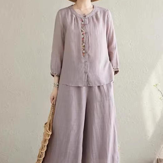 裁缝学苑AQ483复古新中式中国风刺绣衬衣宽松休闲阔腿裤两件套春 商品图3