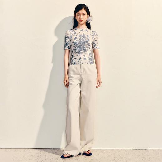 极简高腰压褶微喇长裤女2025春季百搭休闲裤(货号:MS86PA020A2001) 商品图1