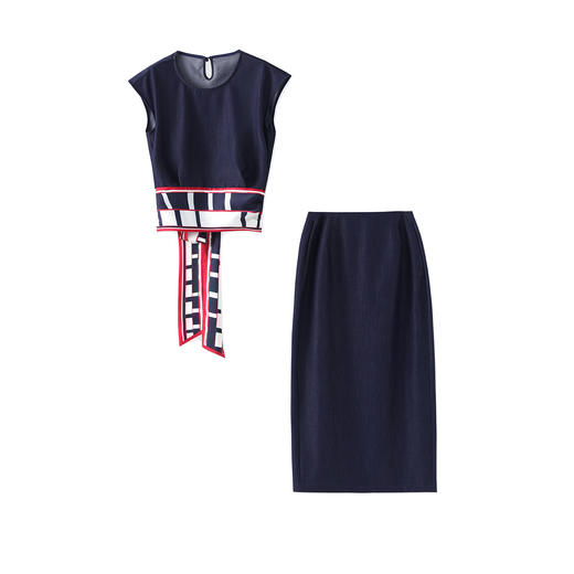 「高货wl」全新升级【铂金会员358/天猫479/差价121】(99546)洛诗琳2025设计感拼丝巾绑带打结上衣包臀半身裙两件套女 商品图4