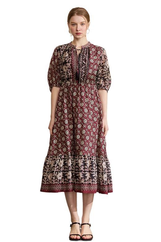 VIVIAN LIU V2524101  春季新款复古立领泡泡袖A字裙摆收腰连衣裙 商品图5