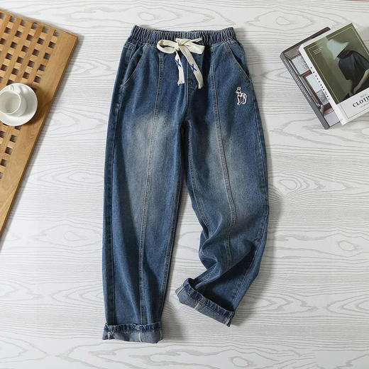 【 时尚休闲！帅气一族！】HAZZYS（哈吉斯）春夏季新款阔腿牛仔裤！水洗磨白工艺，猎犬小徽标！ 商品图2