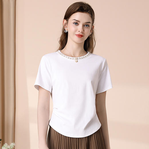 「自」全新升级【铂金会员100/天猫139/差价39】(62844)洛诗琳设计感白色休闲短袖T恤女2025夏季新款气质钉珠百搭显瘦上衣 商品图1