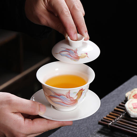 「温润细腻！五款可选」德化羊脂玉盖碗功夫陶瓷三才茶碗白瓷单个盖碗茶杯手工泡茶器餐饮用具 商品图2