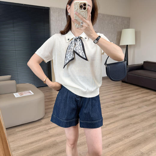 纽扣翻领丝巾针织T！2025凉爽宽松polo衫薄针织短袖气质上衣！ 商品图7