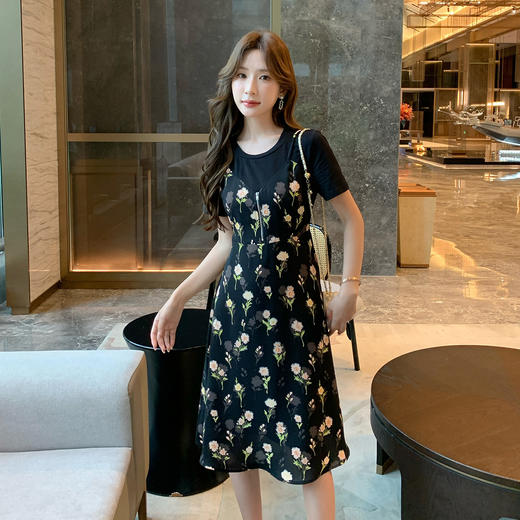 奢姿大码女装2025夏季新款胖妹妹时尚减龄花卉印花假两件连衣裙9952802945A 商品图4