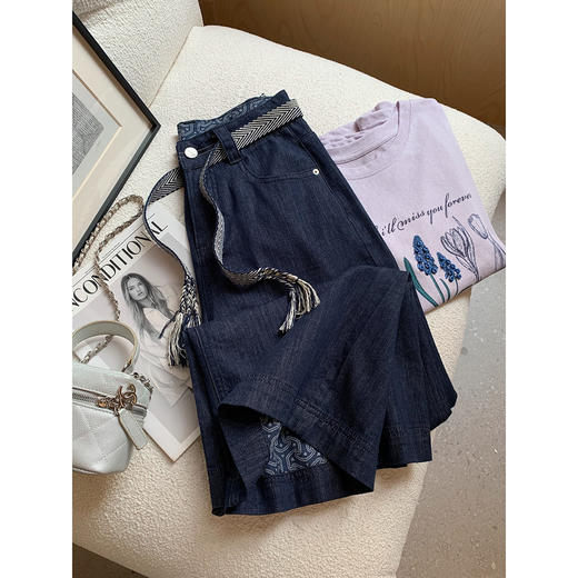 2025编织腰带高腰直筒超薄防褪色反底印花九分腰带直筒牛仔裤！ 商品图3