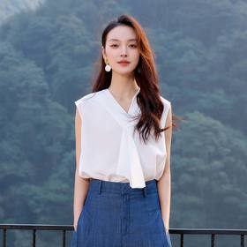 玳莎飘带V领真丝无袖小衫女2025年夏季新款白色通勤桑蚕丝T恤上衣   FB31006