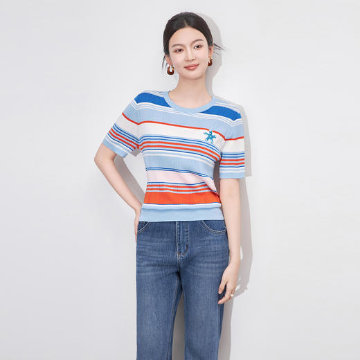 「高货wl」全新升级【铂金会员220/天猫299/差价79】(04637) 洛诗琳冰丝彩虹条16针密织宽条超细兰精天丝针织T恤上衣 商品图0