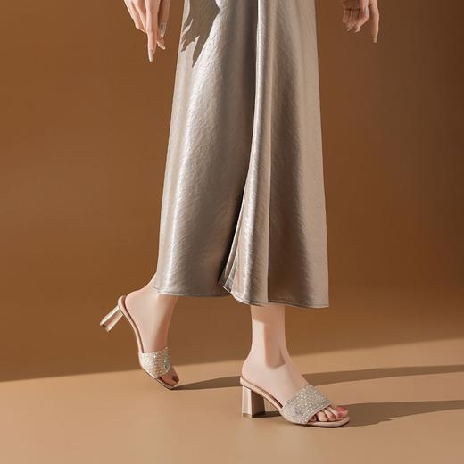 【羊皮内里】拖鞋25夏新款方头露趾粗跟时尚水钻高跟凉拖-BB 商品图4