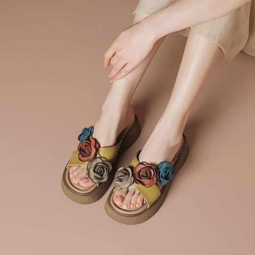 【头层牛皮】厚底手工花朵拖鞋女夏季名族风轻便外穿凉拖-BB 商品图1