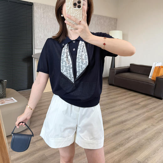 纽扣翻领丝巾针织T！2025凉爽宽松polo衫薄针织短袖气质上衣！ 商品图6