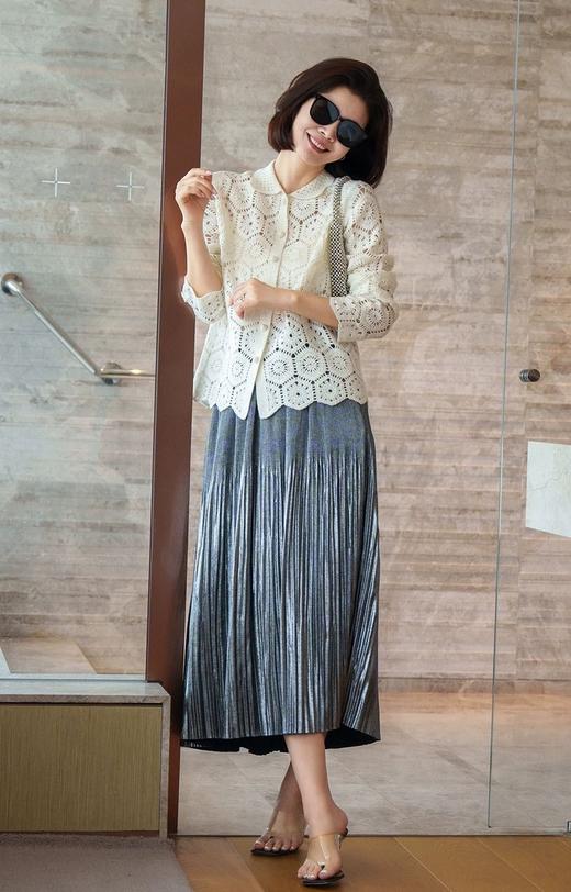 熠熠生辉重工艺术感压褶松紧腰光泽气质通勤百褶裙 商品图2