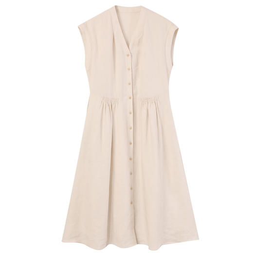 玳莎法式V领亚麻连衣裙2025夏季新款宽松通勤休闲系带收腰衬衫裙 FB35005 商品图4