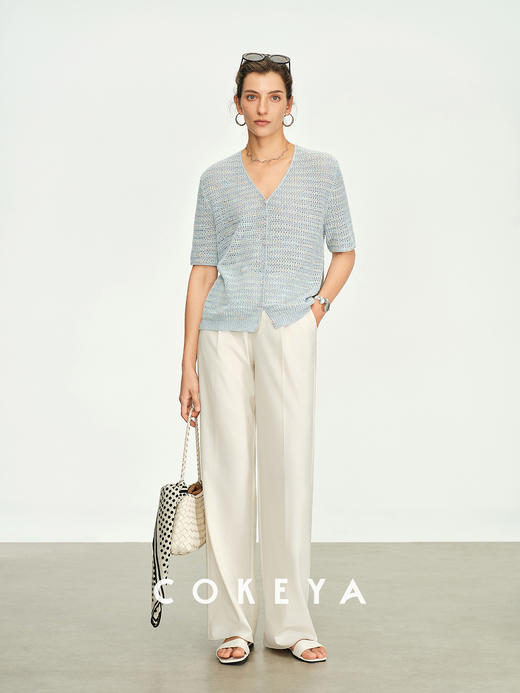 幻彩羽鳞衫康宝莱亚麻珠片宽松V领短袖针织衫 商品图11