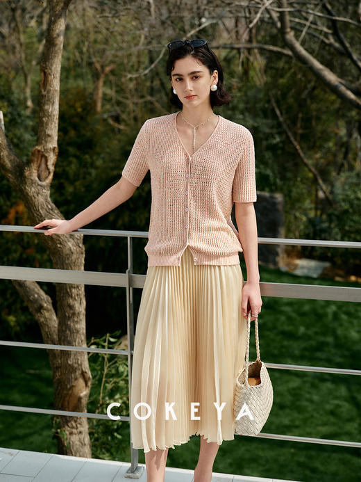 幻彩羽鳞衫康宝莱亚麻珠片宽松V领短袖针织衫 商品图7